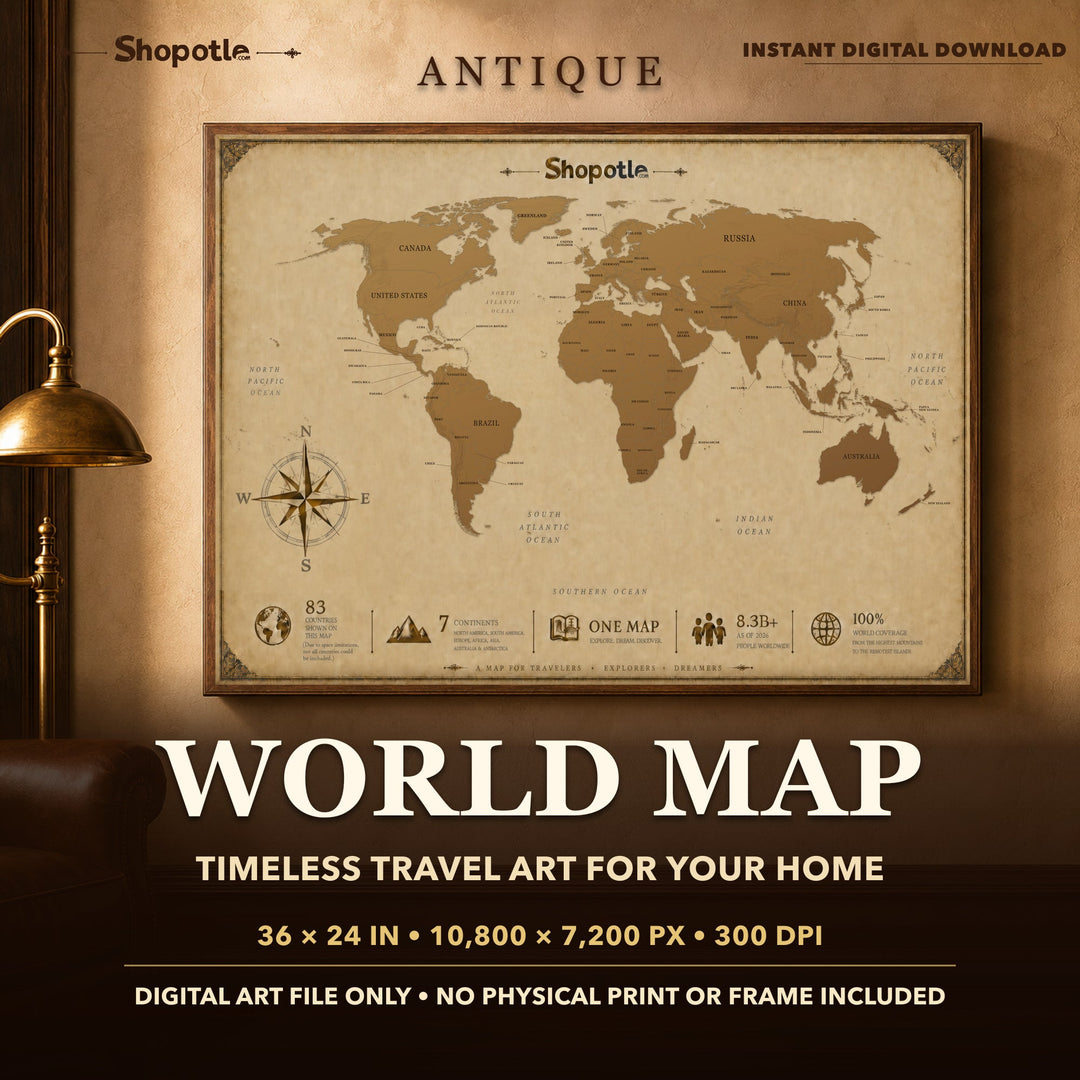 Vintage world map poster framed on a wall