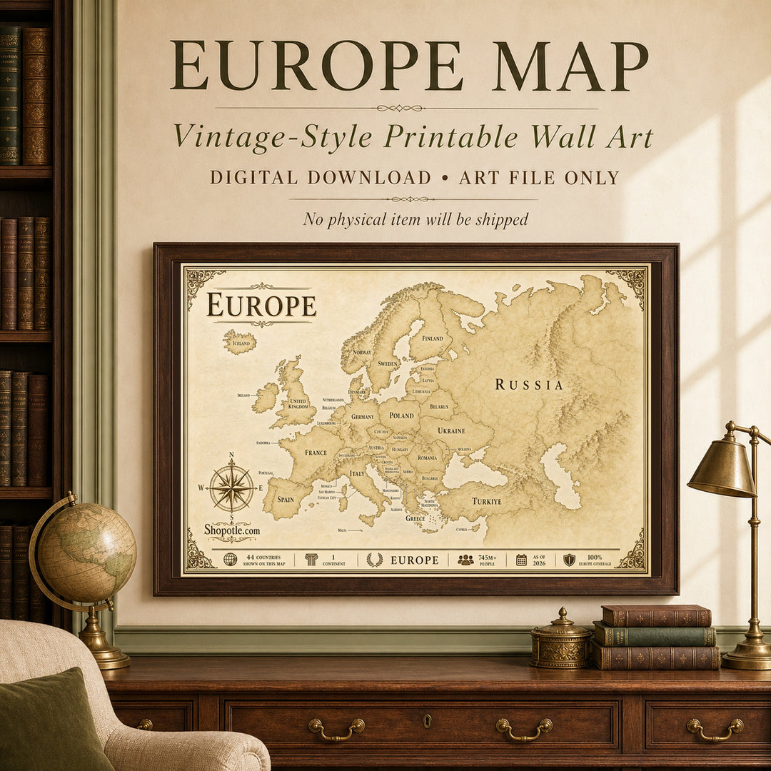 Antique Europe Map Printable — Vintage Travel Wall Art, 36x24 Digital Download