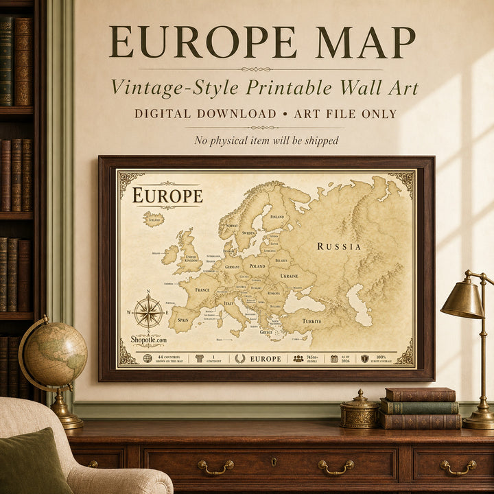 Antique Europe Map Printable — Vintage Travel Wall Art, 36x24 Digital Download