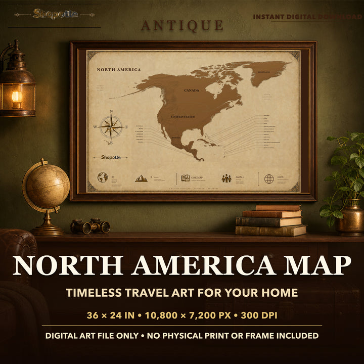 Antique North America Map Printable — Vintage Travel Wall Art, 36x24 Digital Download