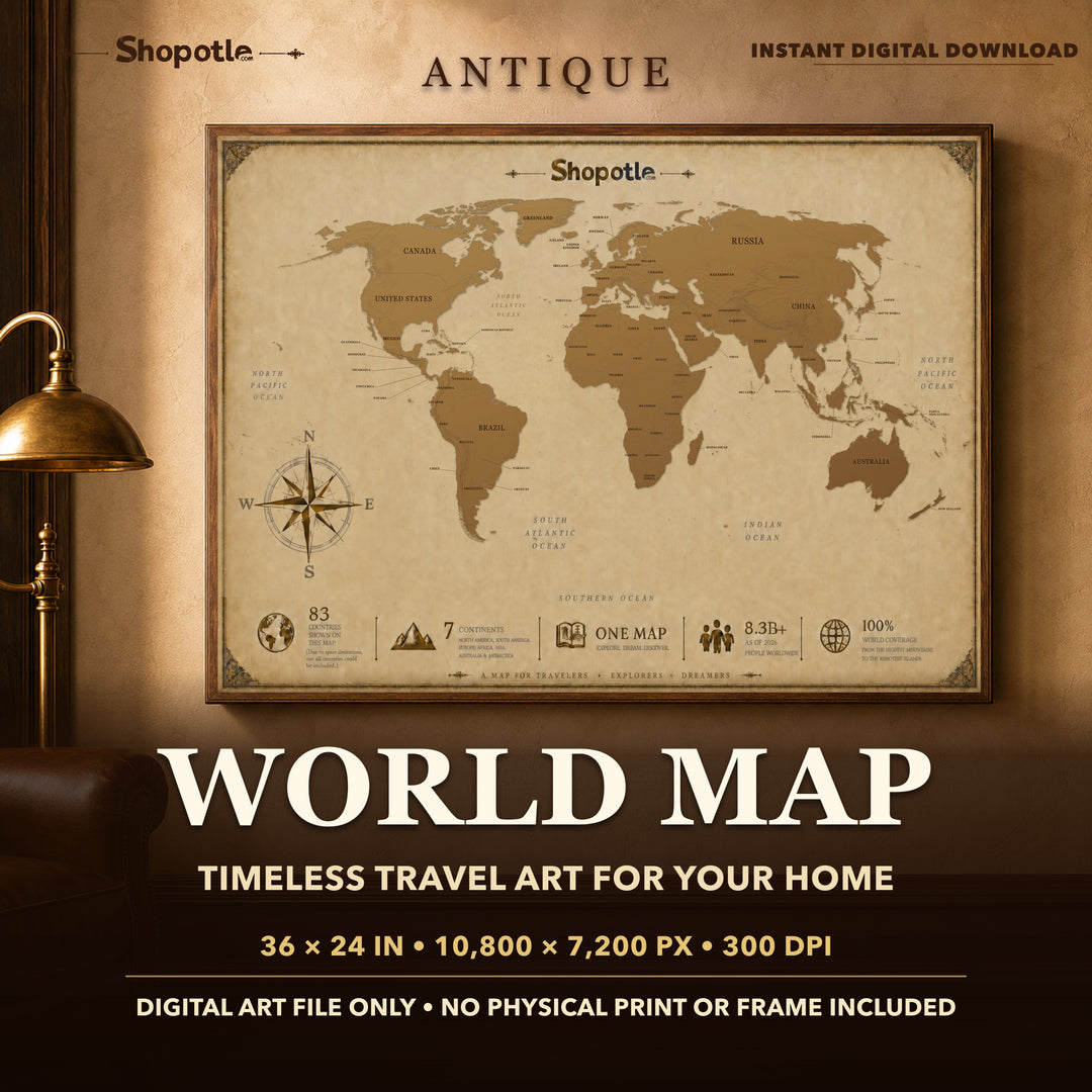 World Map Vintage Poster — Antique Style Wall Art (Digital Download)