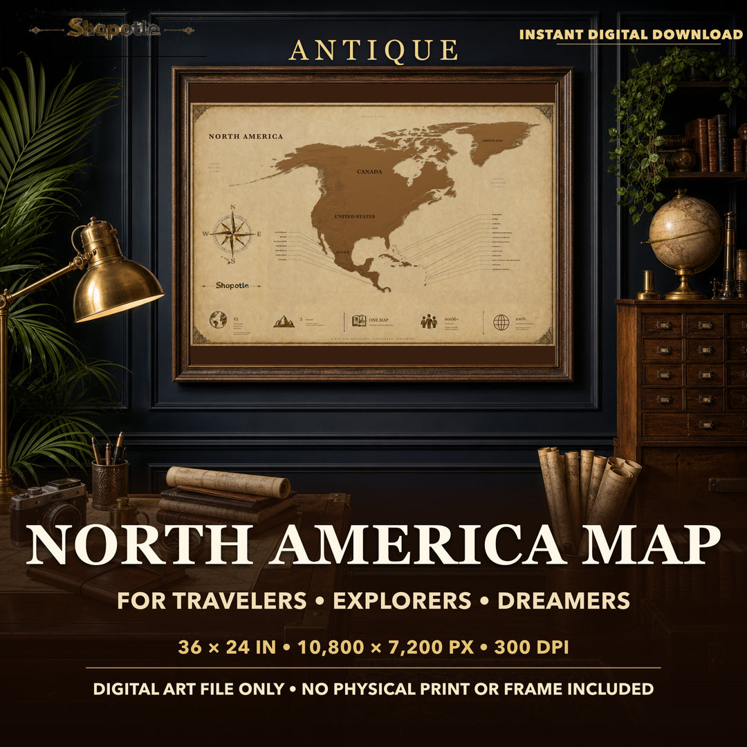 Antique North America Map Printable — Vintage Travel Wall Art, 36x24 Digital Download