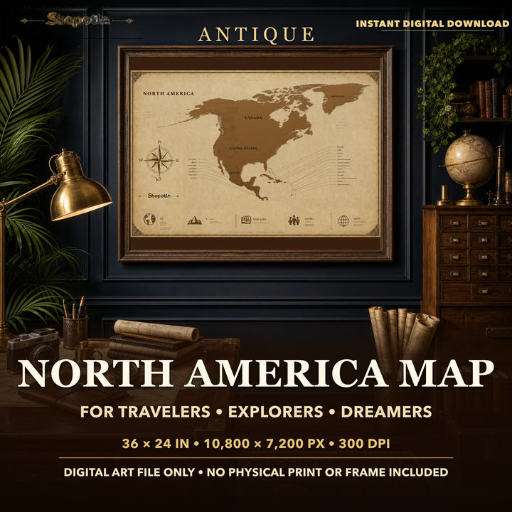 Antique North America Map Printable — Vintage Travel Wall Art, 36x24 Digital Download