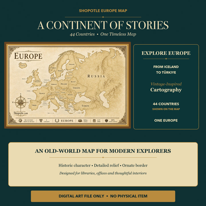 Antique Europe Map Printable — Vintage Travel Wall Art, 36x24 Digital Download