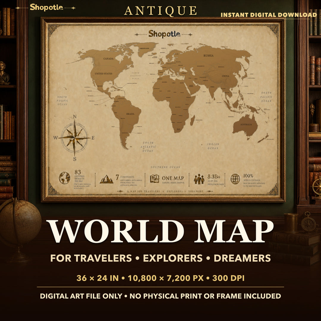 World Map Vintage Poster — Antique Style Wall Art (Digital Download)