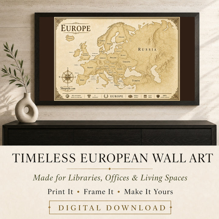 Antique Europe Map Printable — Vintage Travel Wall Art, 36x24 Digital Download