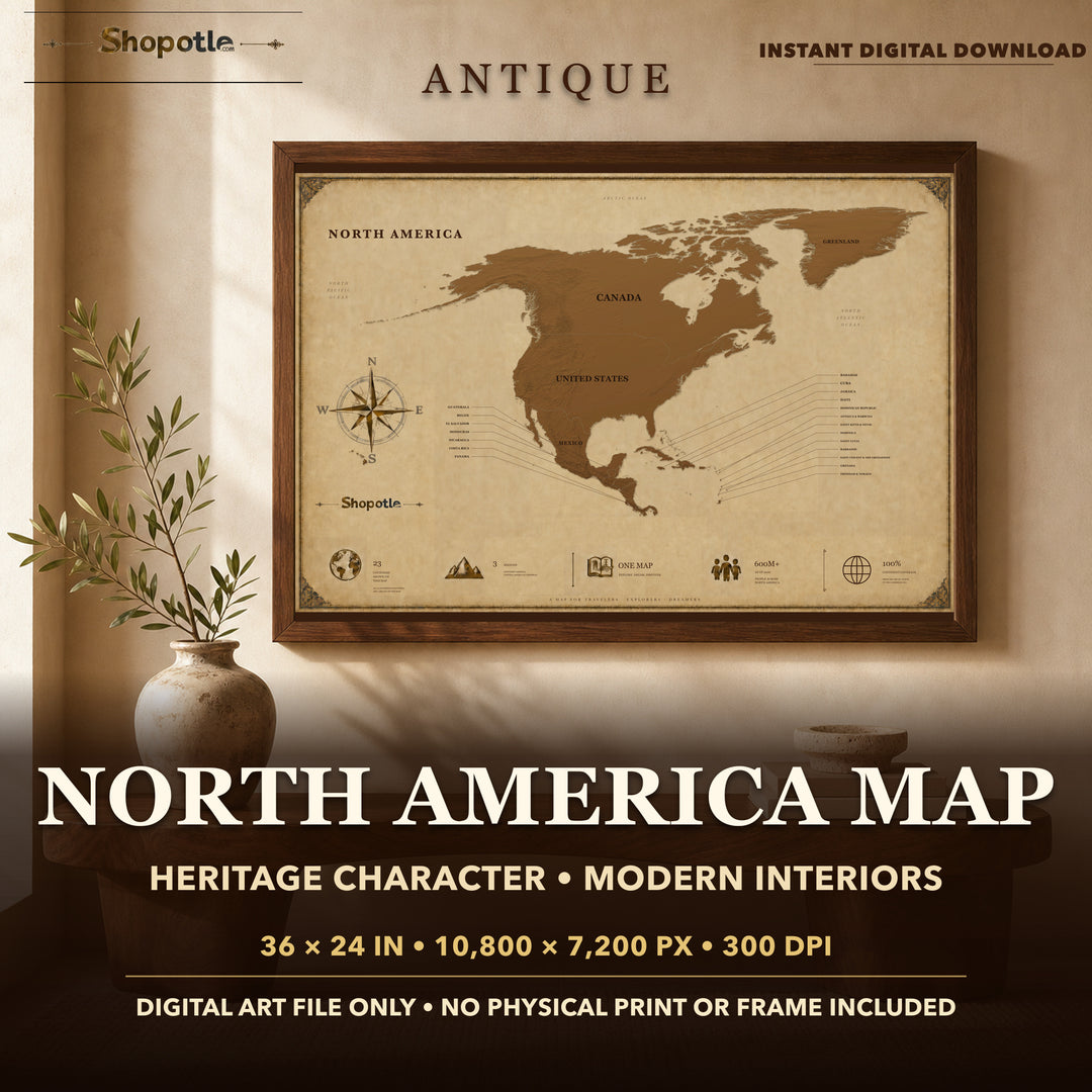 Antique North America Map Printable — Vintage Travel Wall Art, 36x24 Digital Download