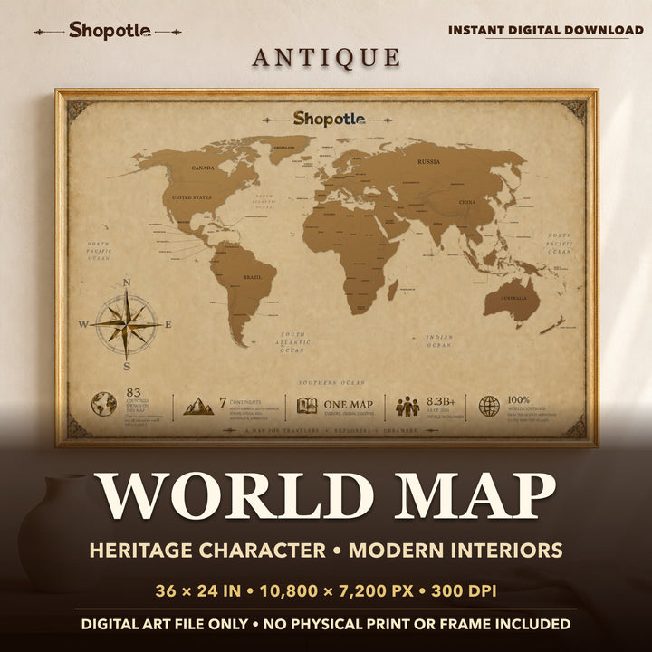 World Map Vintage Poster — Antique Style Wall Art (Digital Download)