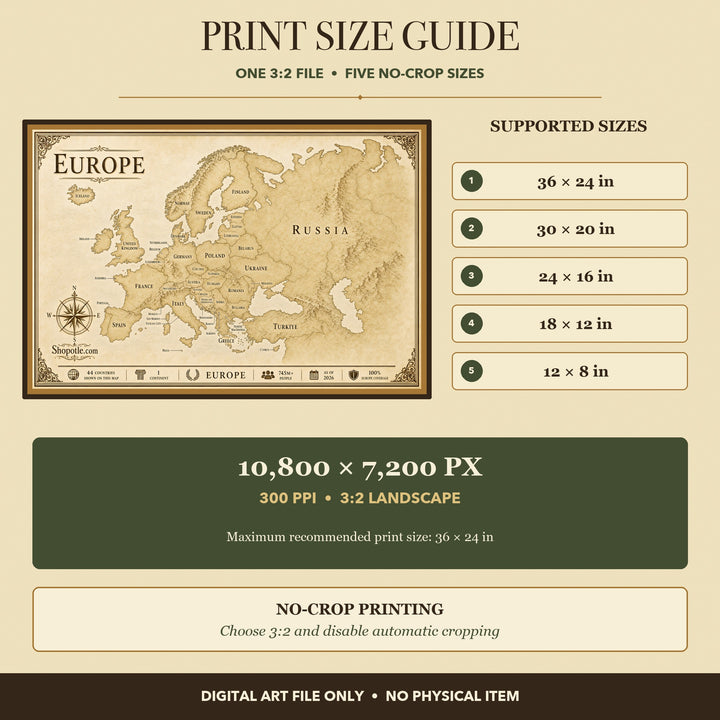 Antique Europe Map Printable — Vintage Travel Wall Art, 36x24 Digital Download