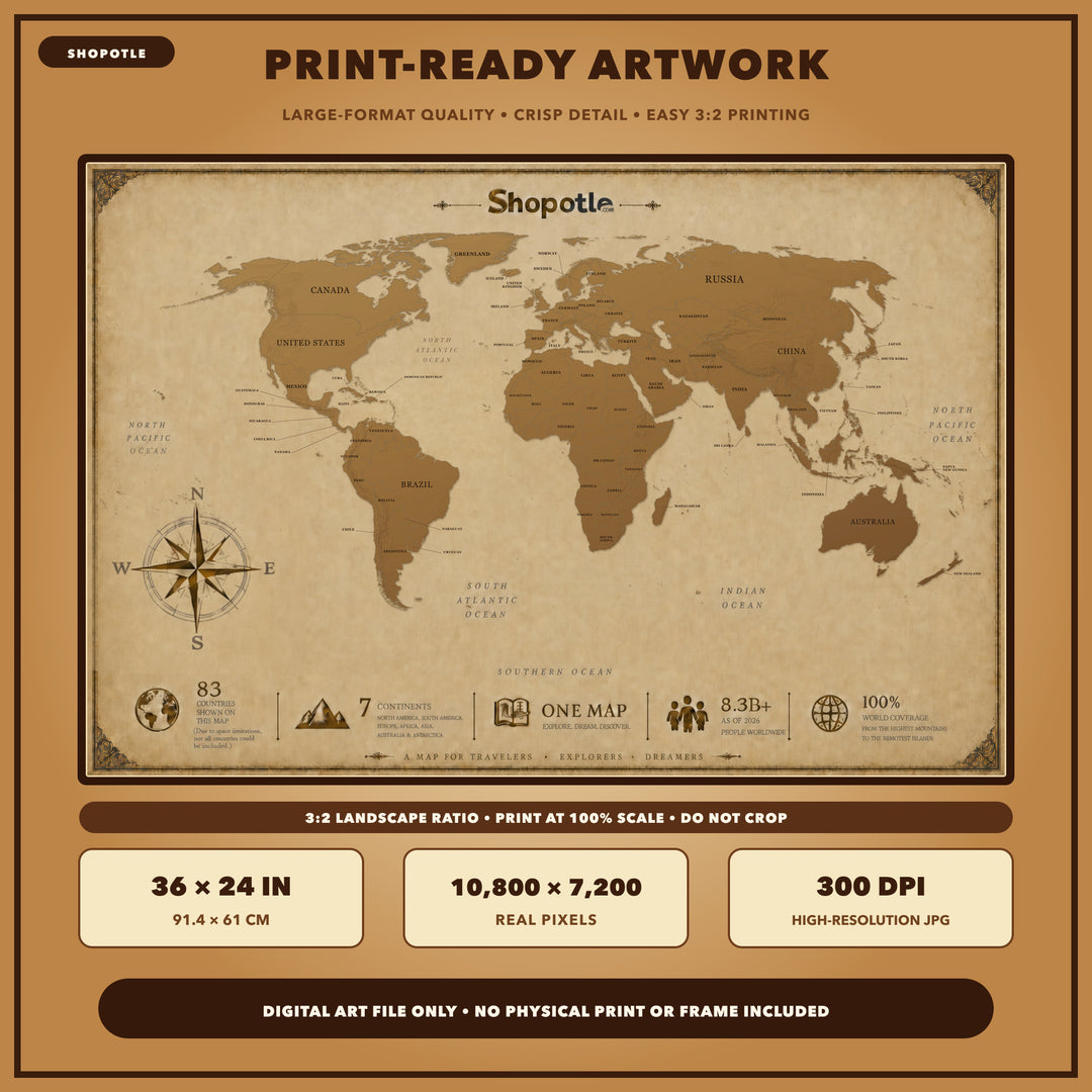 World Map Vintage Poster — Antique Style Wall Art (Digital Download)