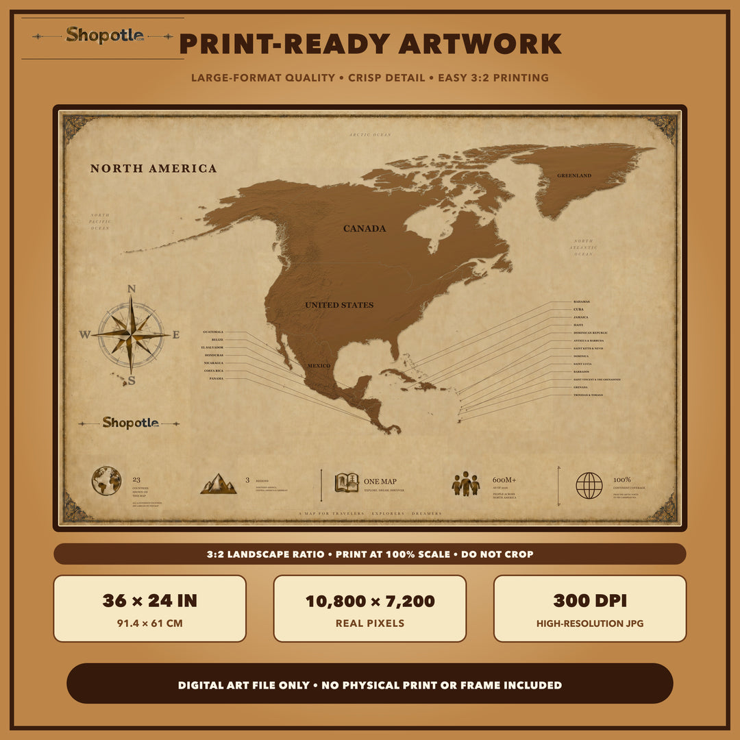 Antique North America Map Printable — Vintage Travel Wall Art, 36x24 Digital Download