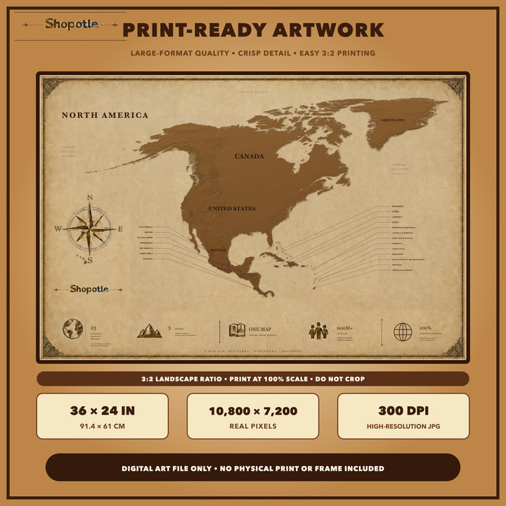 Antique North America Map Printable — Vintage Travel Wall Art, 36x24 Digital Download