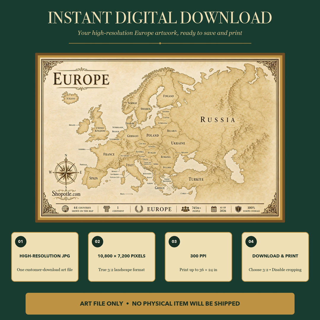 Antique Europe Map Printable — Vintage Travel Wall Art, 36x24 Digital Download