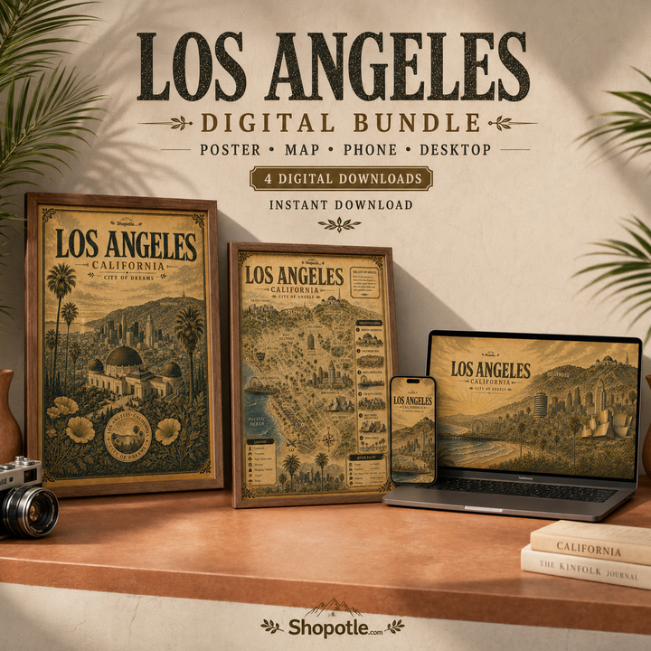 Los Angeles Vintage Travel Bundle — Poster, City Map &amp; Phone/Desktop Wallpaper (Digital Download)