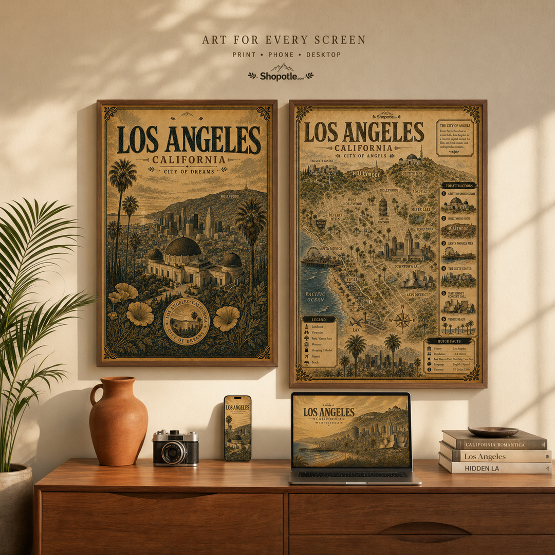 Los Angeles Vintage Travel Bundle — Poster, City Map &amp; Phone/Desktop Wallpaper (Digital Download)