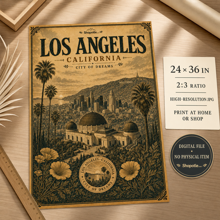 Los Angeles Vintage Travel Bundle — Poster, City Map &amp; Phone/Desktop Wallpaper (Digital Download)