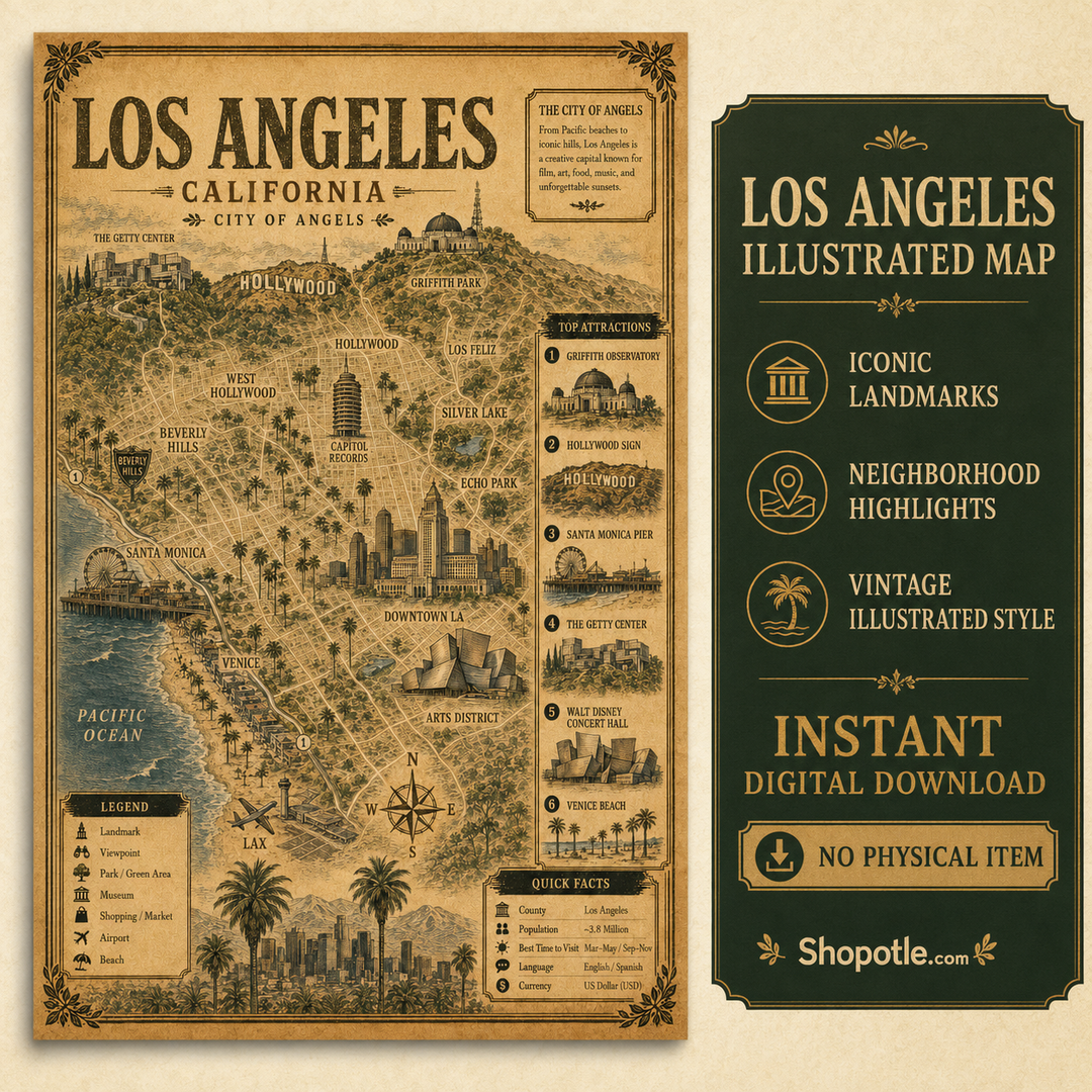 Los Angeles Vintage Travel Bundle — Poster, City Map &amp; Phone/Desktop Wallpaper (Digital Download)