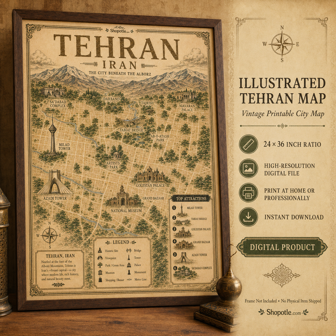 Tehran Vintage Travel Bundle — Poster, City Map &amp; Phone/Desktop Wallpaper (Digital Download)