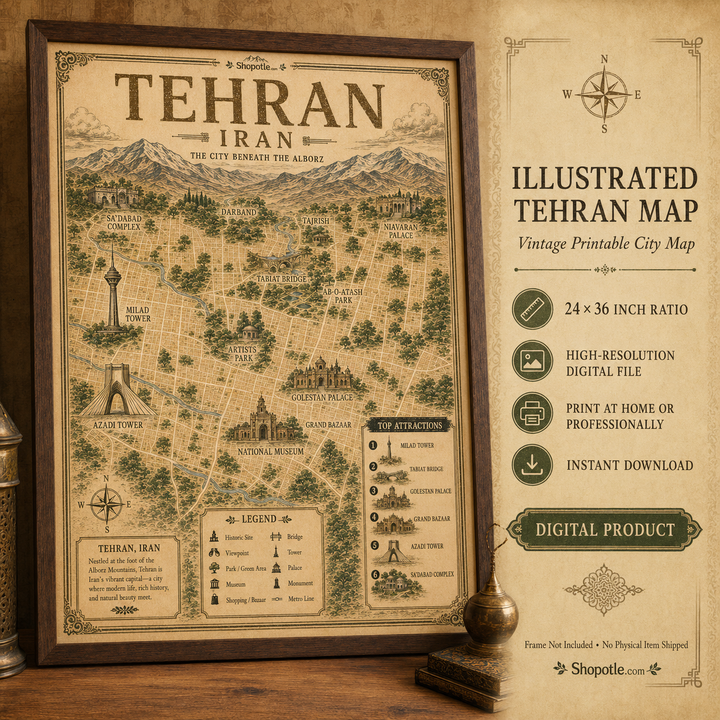 Tehran Vintage Travel Bundle — Poster, City Map &amp; Phone/Desktop Wallpaper (Digital Download)