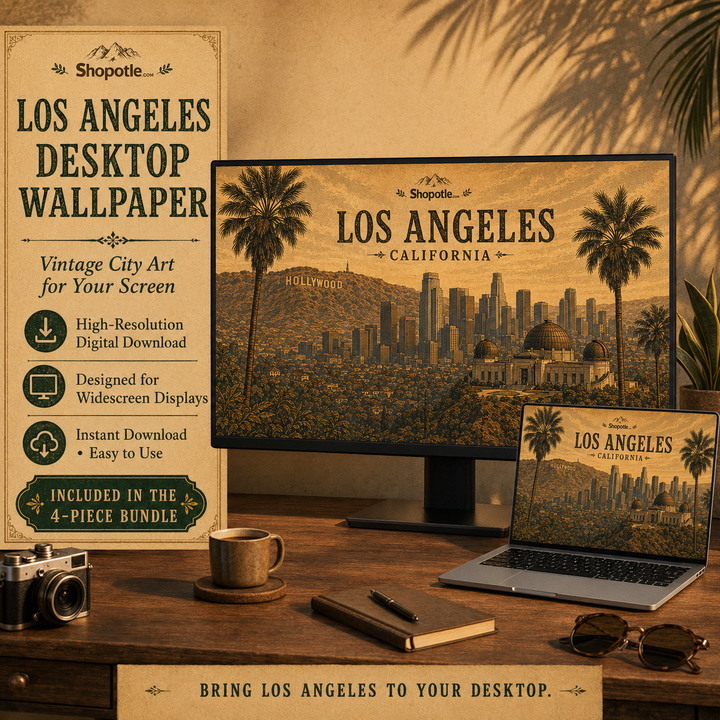 Los Angeles Vintage Travel Bundle — Poster, City Map &amp; Phone/Desktop Wallpaper (Digital Download)