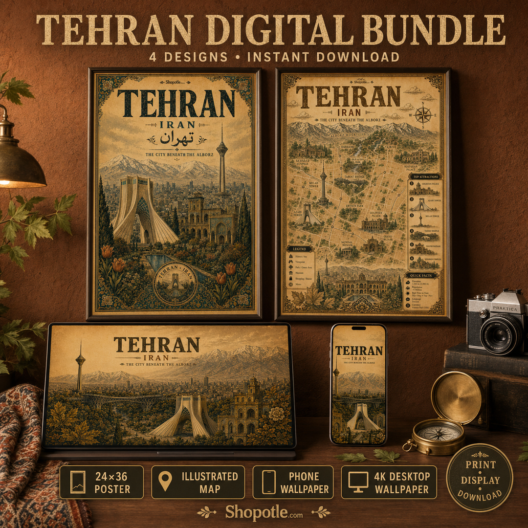 Tehran Vintage Travel Bundle — Poster, City Map &amp; Phone/Desktop Wallpaper (Digital Download)