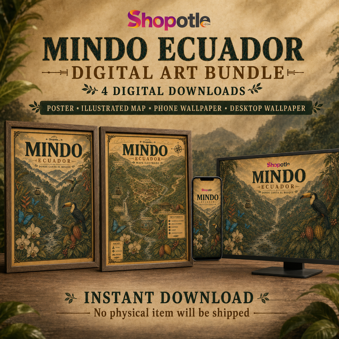 Mindo Ecuador 4-in-1 Digital Bundle | Vintage Map and Travel Poster | Phone and Desktop Wallpaper | Printable Wall Art Download