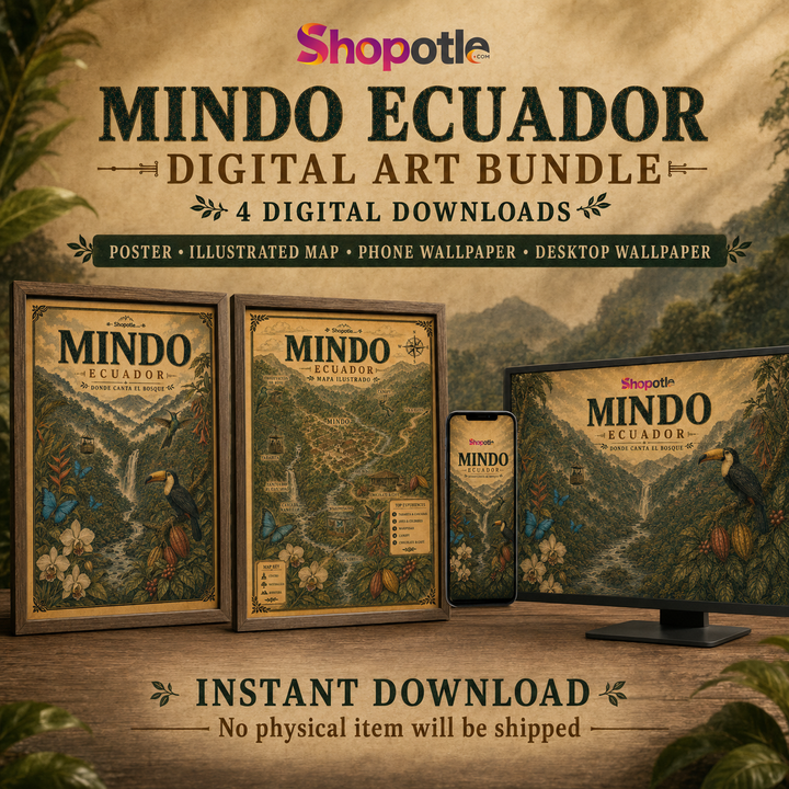 Mindo Ecuador 4-in-1 Digital Bundle | Vintage Map and Travel Poster | Phone and Desktop Wallpaper | Printable Wall Art Download