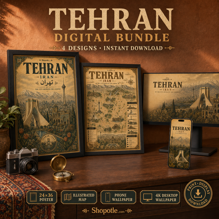 Tehran Vintage Travel Bundle — Poster, City Map &amp; Phone/Desktop Wallpaper (Digital Download)