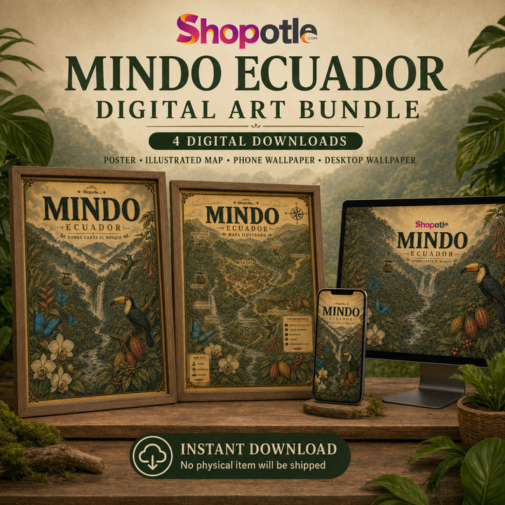 Mindo Ecuador 4-in-1 Digital Bundle | Vintage Map and Travel Poster | Phone and Desktop Wallpaper | Printable Wall Art Download