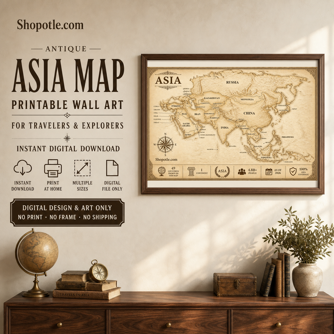 Antique Asia map printable wall art, framed above a sideboard, digital download