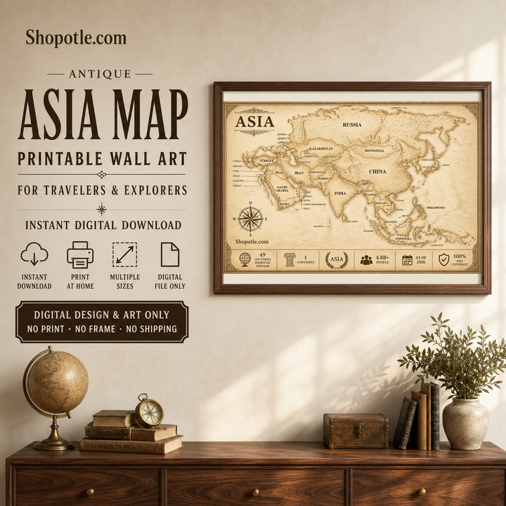 Antique Asia map printable wall art, framed above a sideboard, digital download