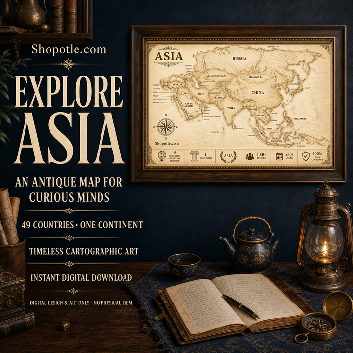 Vintage Asia map poster with 49 labeled countries, antique cartography style