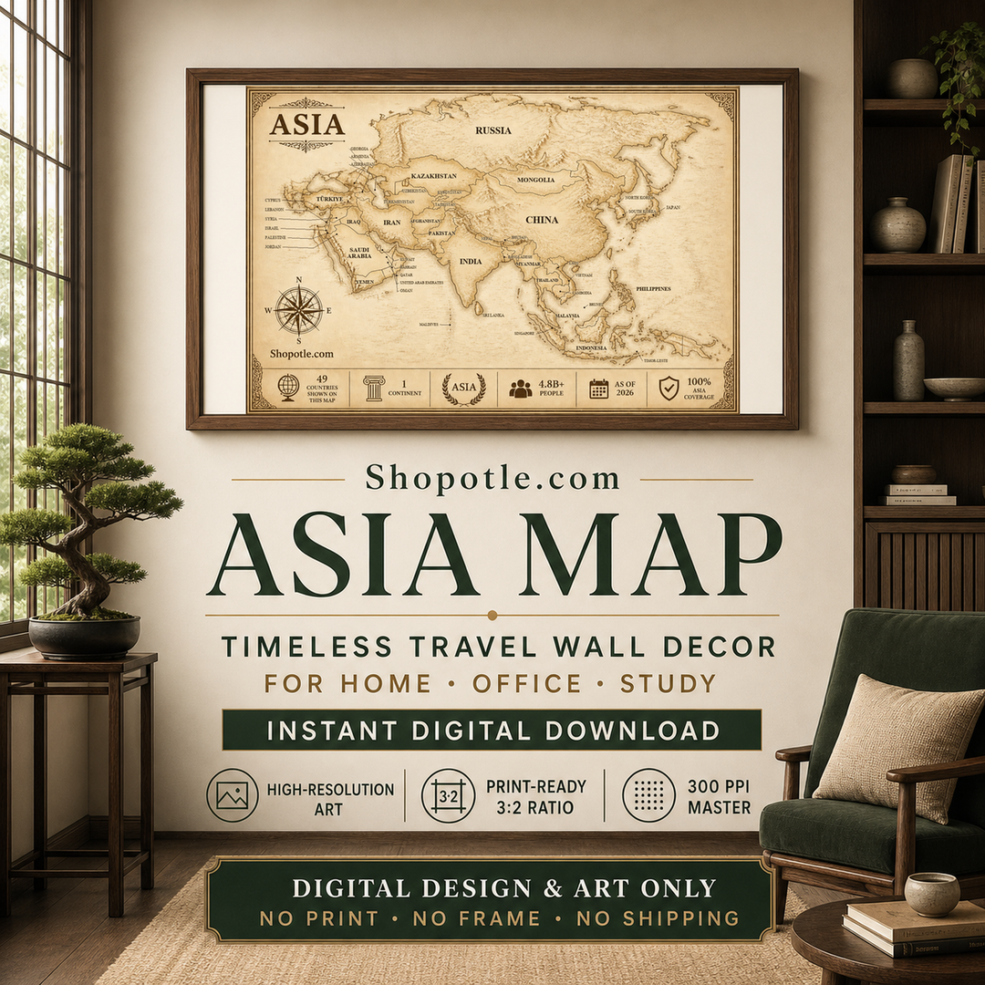 Asia map wall art displayed in a home study and office setting