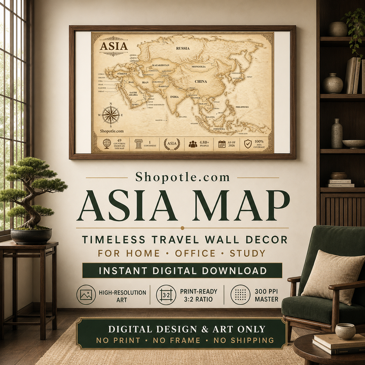 Asia map wall art displayed in a home study and office setting