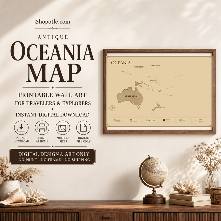 Antique Oceania Map Printable — Vintage Travel Wall Art, 36x24 Digital Download