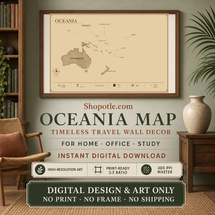 Antique Oceania Map Printable — Vintage Travel Wall Art, 36x24 Digital Download