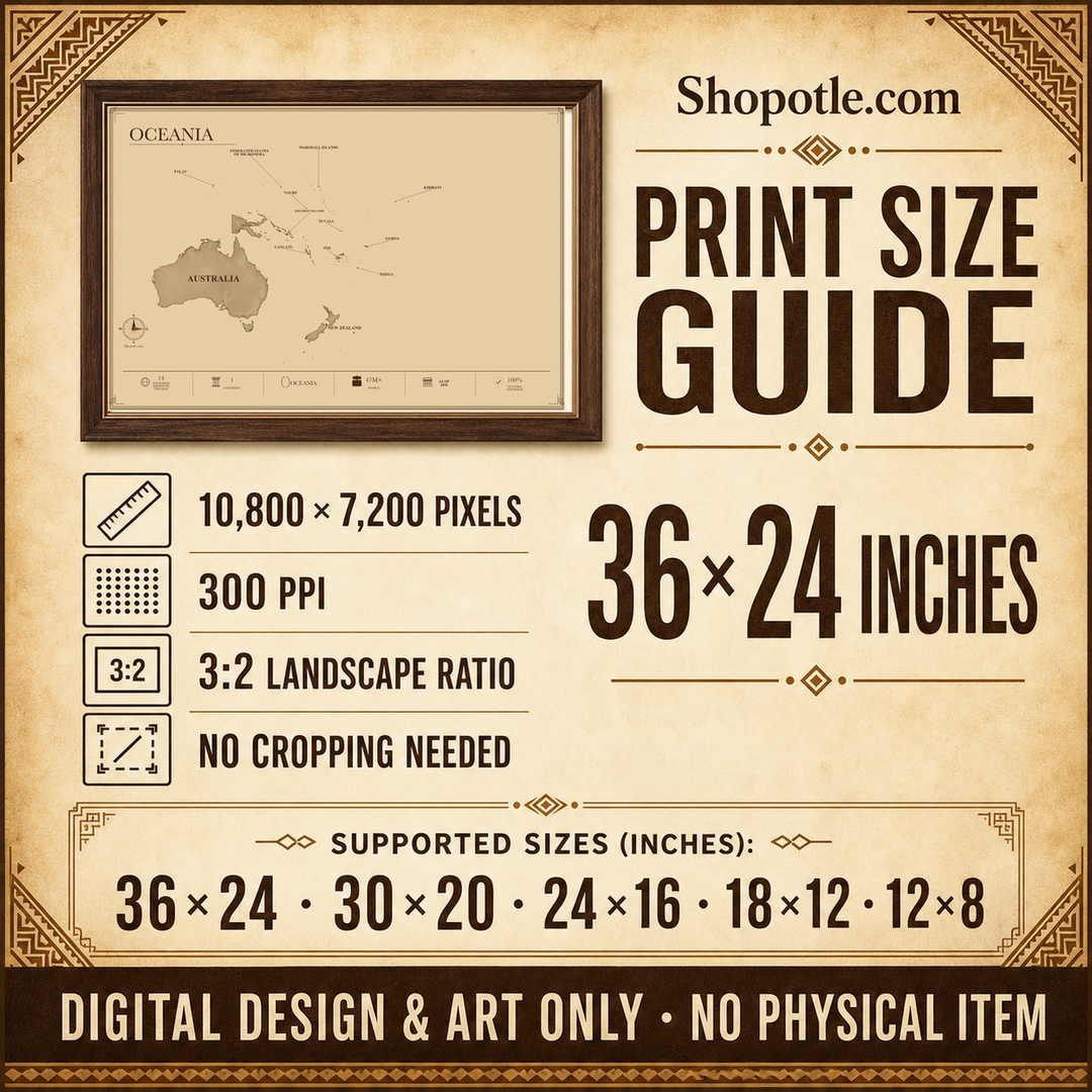 Antique Oceania Map Printable — Vintage Travel Wall Art, 36x24 Digital Download