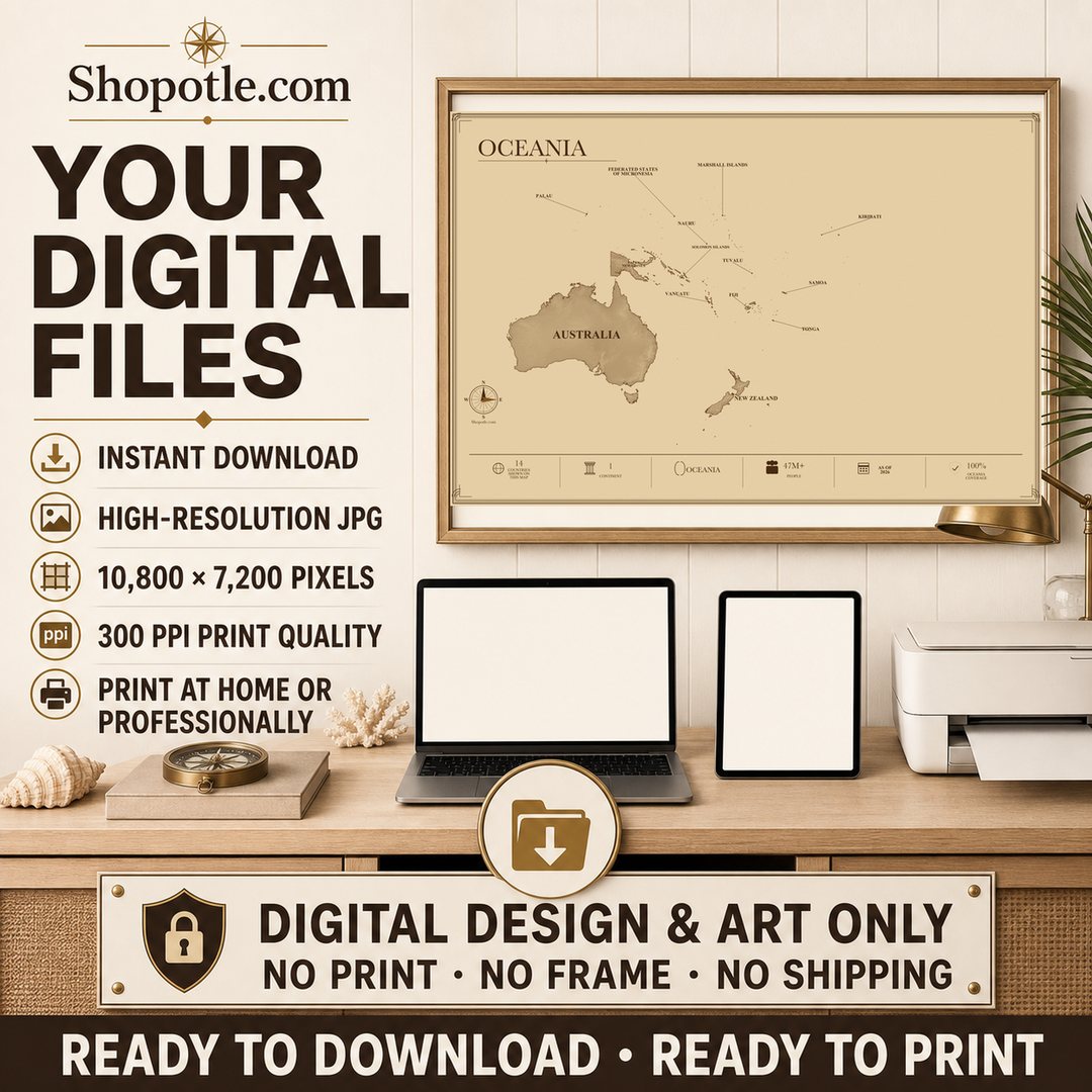 Antique Oceania Map Printable — Vintage Travel Wall Art, 36x24 Digital Download