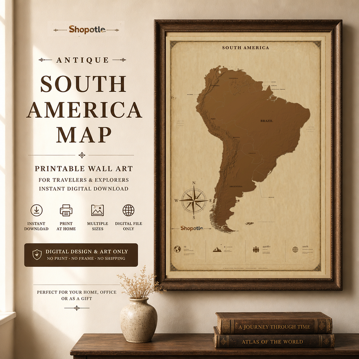 Antique South America Map Printable — Vintage Travel Wall Art, 24x36 Digital Download