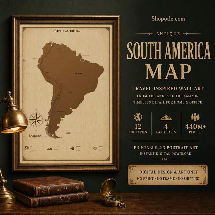 Antique South America Map Printable — Vintage Travel Wall Art, 24x36 Digital Download