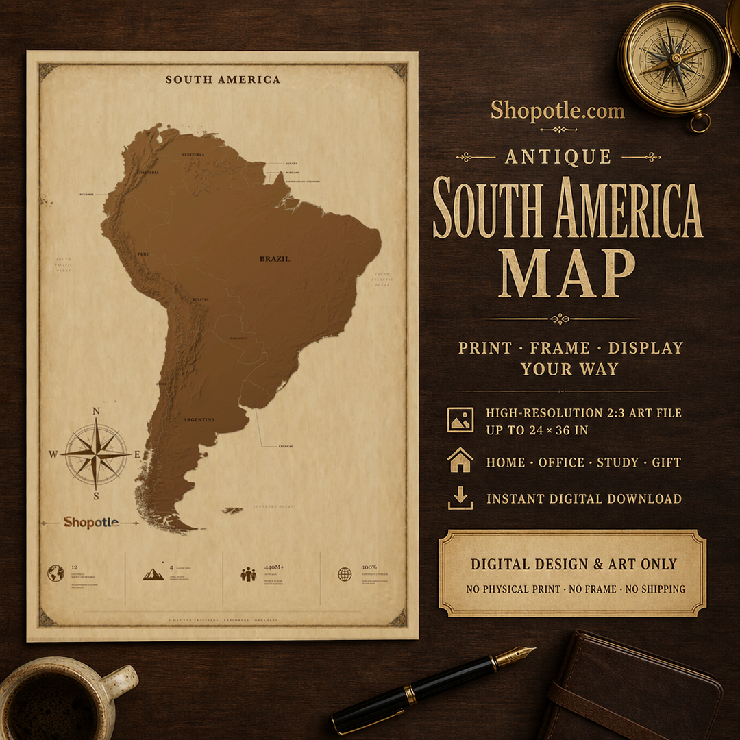 Antique South America Map Printable — Vintage Travel Wall Art, 24x36 Digital Download