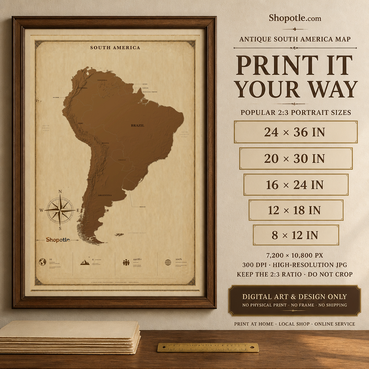 Antique South America Map Printable — Vintage Travel Wall Art, 24x36 Digital Download