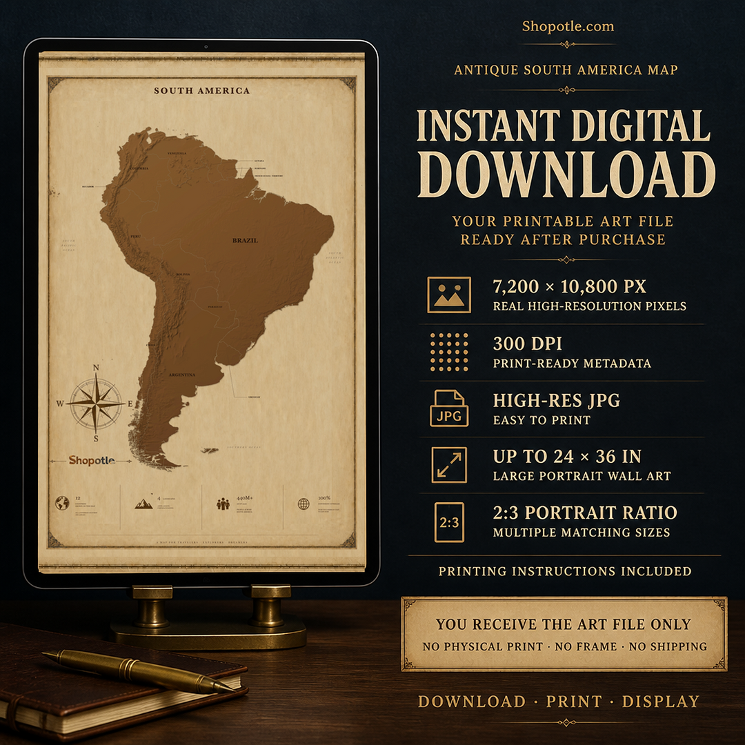 Antique South America Map Printable — Vintage Travel Wall Art, 24x36 Digital Download