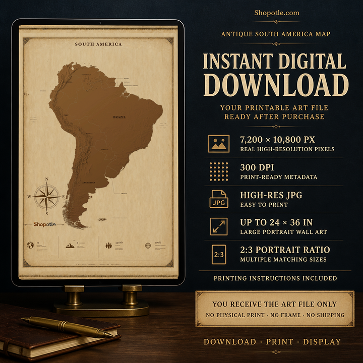 Antique South America Map Printable — Vintage Travel Wall Art, 24x36 Digital Download